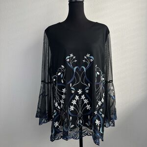 Alfani Blouse Plus Size XXL Black Sheer Mesh Floral Embroidered Bell Sleeve Boho